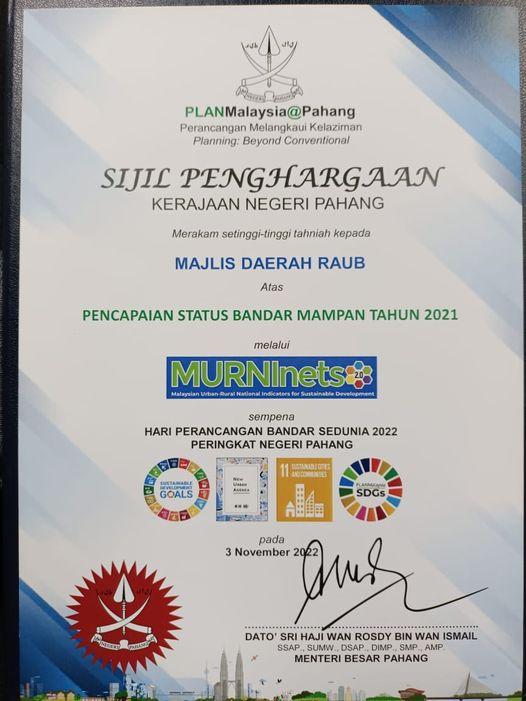 sijil pencapaian status bandar mampan 2021 majlis daearh raub