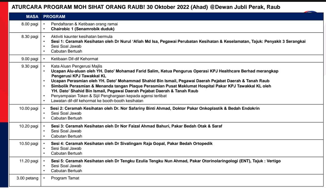 tentatif program moh sihat orang raub oleh KPJ Tawakkal KL di Raub, Pahang