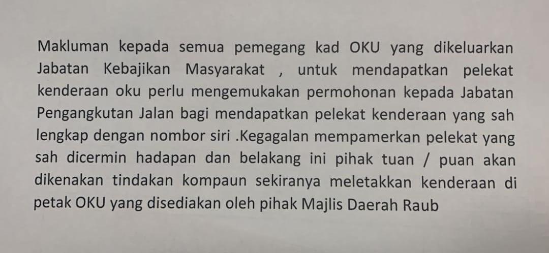 notis peletakan pelekat kenderaan OKU 