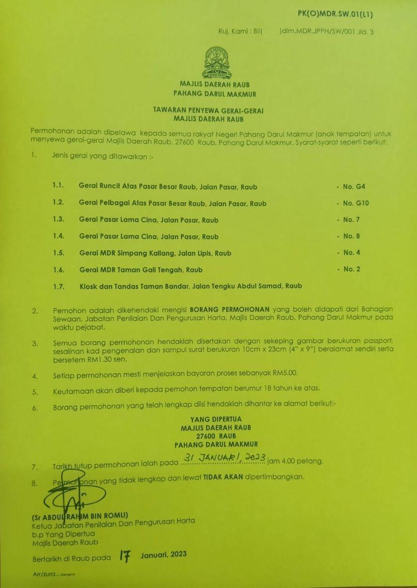 tawaran penyewa gerai-gerai bagi jan 2023